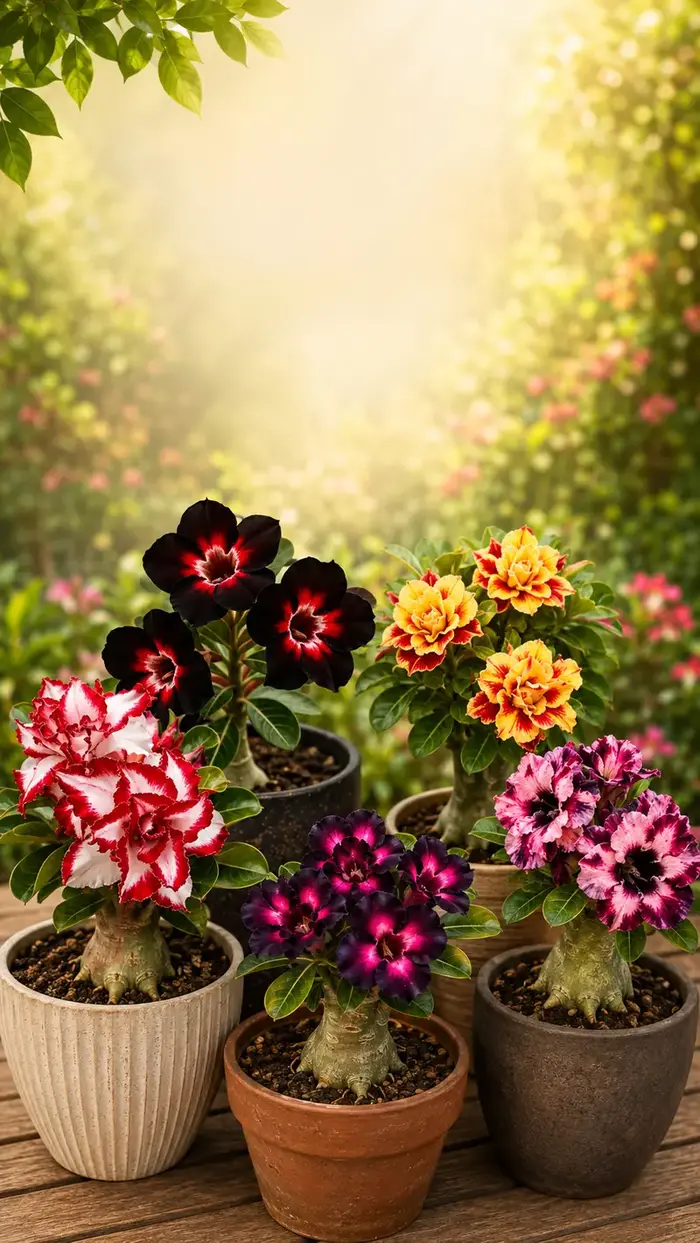 Mature grafted adenium plants in colourful flowering varieties